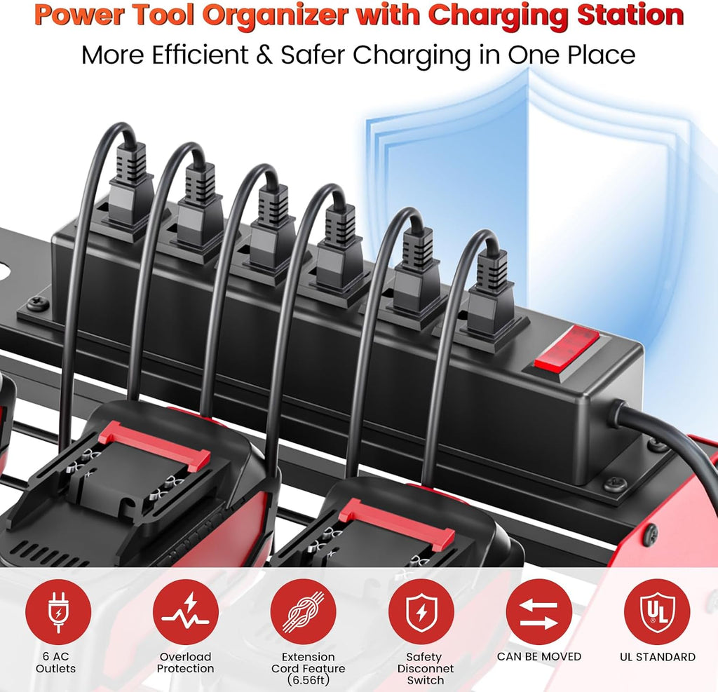 Power Tool Organizer Wall Mount with 6-Outlet Charging Station, 5-Layer