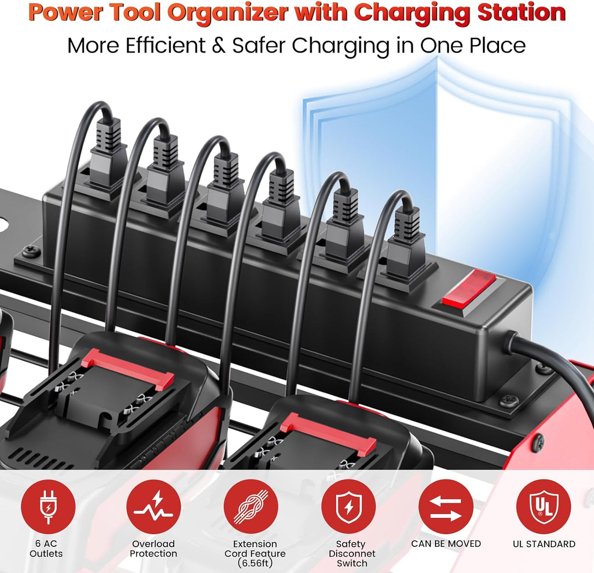 Power Tool Organizer Wall Mount with 6-Outlet Charging Station, 5-Layer