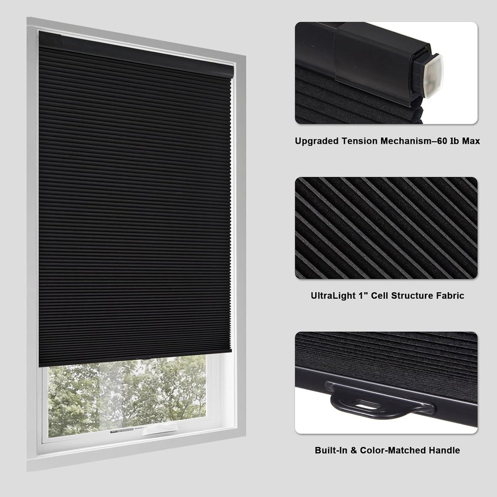 Tonature No Drill Cellular Shades for Indoor Windows, Thermal Insulating & Noise Reducing Honeycomb Blinds, Free Stop Cordless Blackout Shades, Black, 34 1/2" W x 64" H