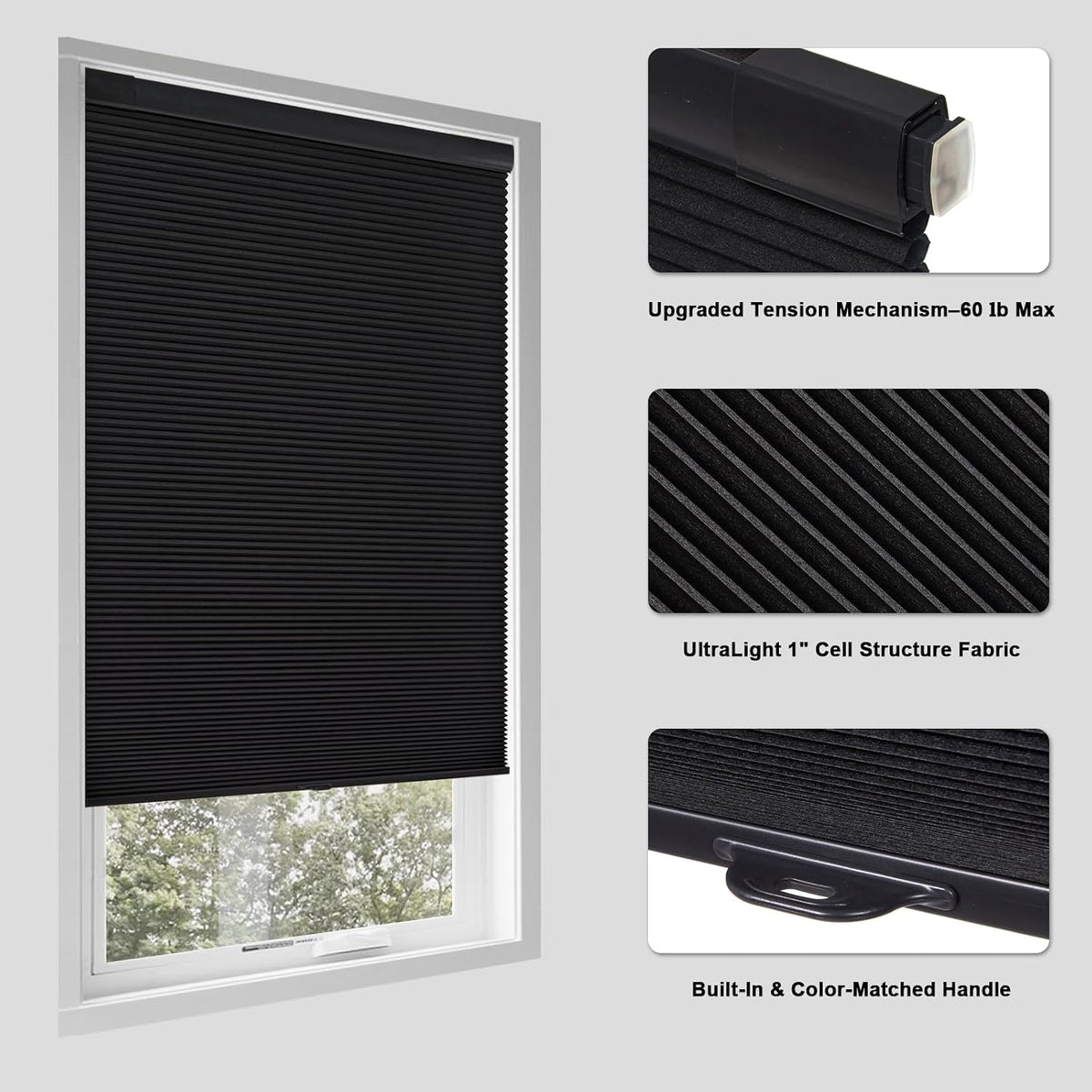 Tonature No Drill Cellular Shades for Indoor Windows, Thermal Insulating & Noise Reducing Honeycomb Blinds, Free Stop Cordless Blackout Shades, Black, 34 1/2" W x 64" H