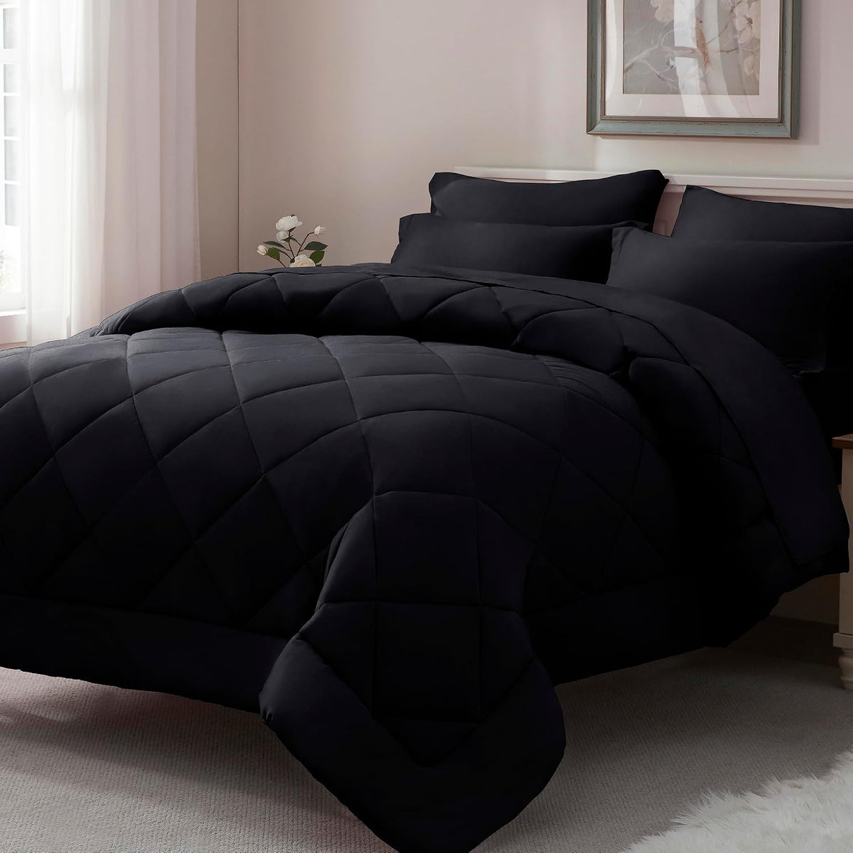 ELNIDO QUEEN® Queen Comforter Set Black - 7 Pieces Bed in a Bag Comforters Queen Size, Bed Set All Seasons, Black Bedding Sets with Comforter, Flat Sheet, Fitted Sheet, Pillowcases and Pillow Shams