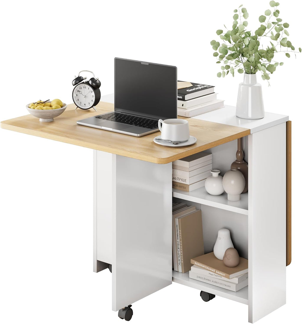 Space Saving Folding Dining Table with Drop Leaf 2 Storage Racks & 6 Wheels Extendable, Collapsible Table for Kitchen, Office, or Dining Room Light Wood Grain Flap + White Cabinet,