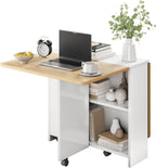 Space Saving Folding Dining Table with Drop Leaf 2 Storage Racks & 6 Wheels Extendable, Collapsible Table for Kitchen, Office, or Dining Room Light Wood Grain Flap + White Cabinet,