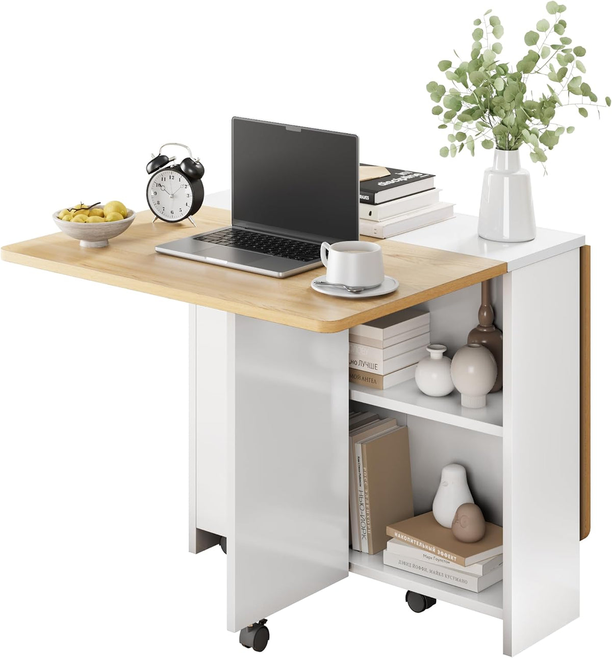 Space Saving Folding Dining Table with Drop Leaf 2 Storage Racks & 6 Wheels Extendable, Collapsible Table for Kitchen, Office, or Dining Room Light Wood Grain Flap + White Cabinet,