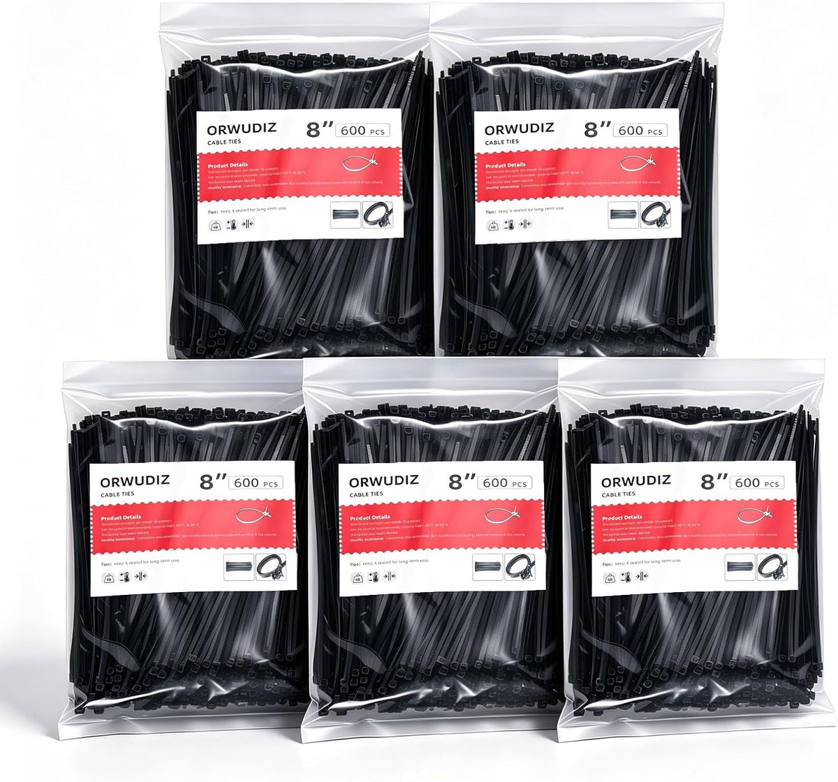 Cable Zip Ties, 8 Inch Black 1200 Pcs