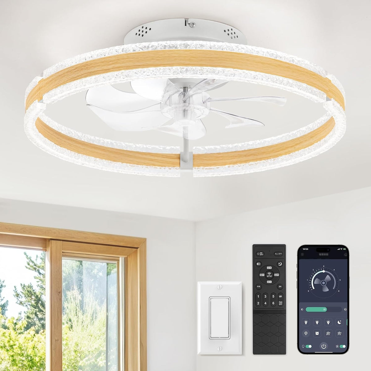 LEDIARY Ceiling Fans with Lights and Remote, 20'' Low Profile Ceiling Fan with Light, 3000-6000K Dimmable Fandelier Ceiling Fans, Modern Flush Mount Fan Light for Bedroom with 6 Wind Speeds-Wood Grain