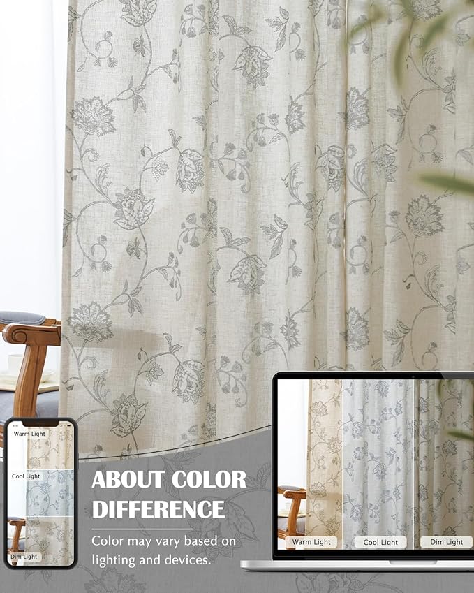 jinchan Linen Curtains Floral Curtains 96 Inch Length - Image 7