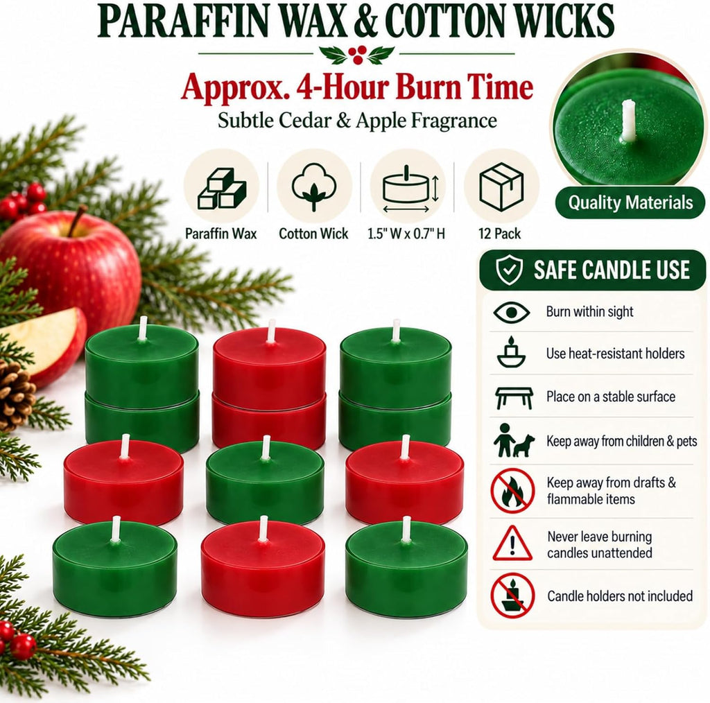 Festive Cedar & Apple Scented Tealight Candles, 12 Pack Red Green Colored Holiday Tea Lights with Clear Cups | Long-Lasting for Seasonal Home Decor,T01-12S-RDCDAL