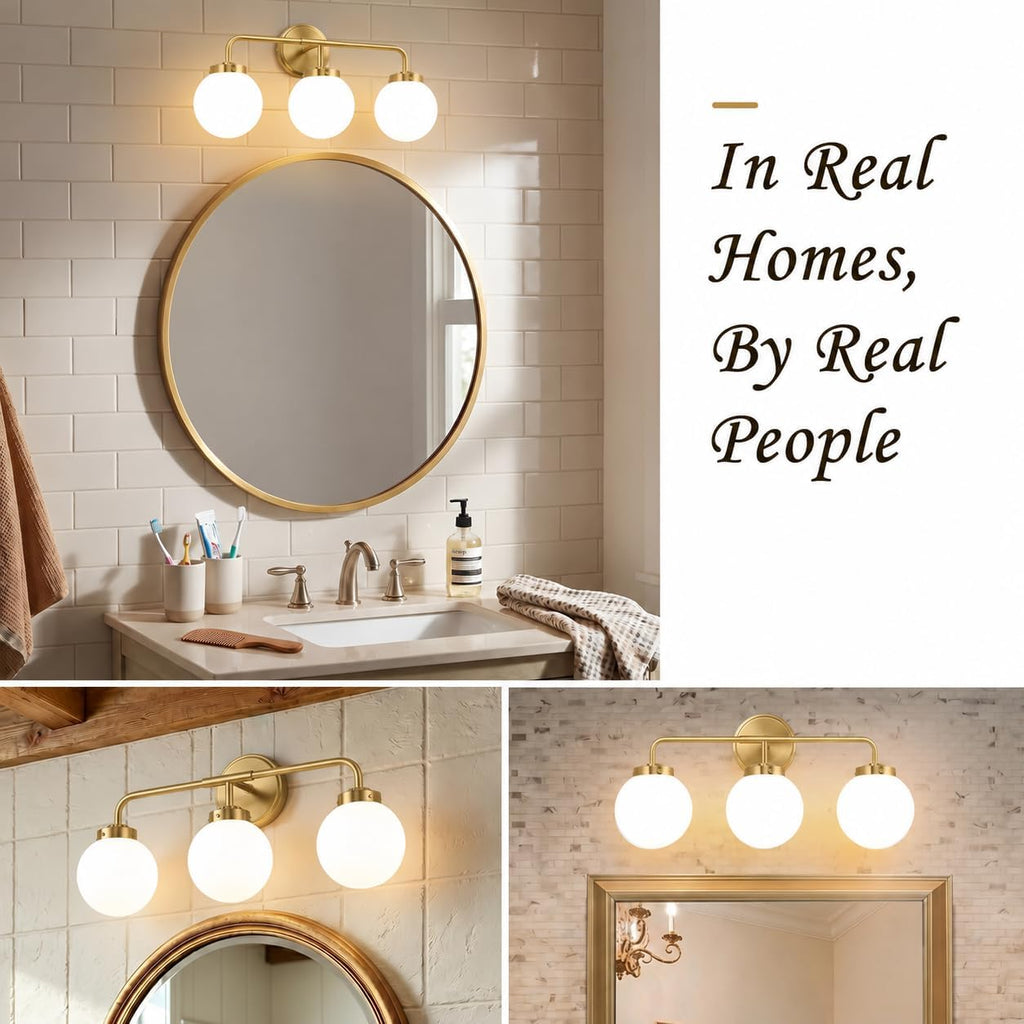 Modern Brushed Gold Vanity Lights for Bathroom, Mid Century 3 Light Bathroom Vanity Light with Globe Milky White Glass Shade Over Mirror, Brass Wall Sconce for Bathroom Hallway Living Room Bedroom