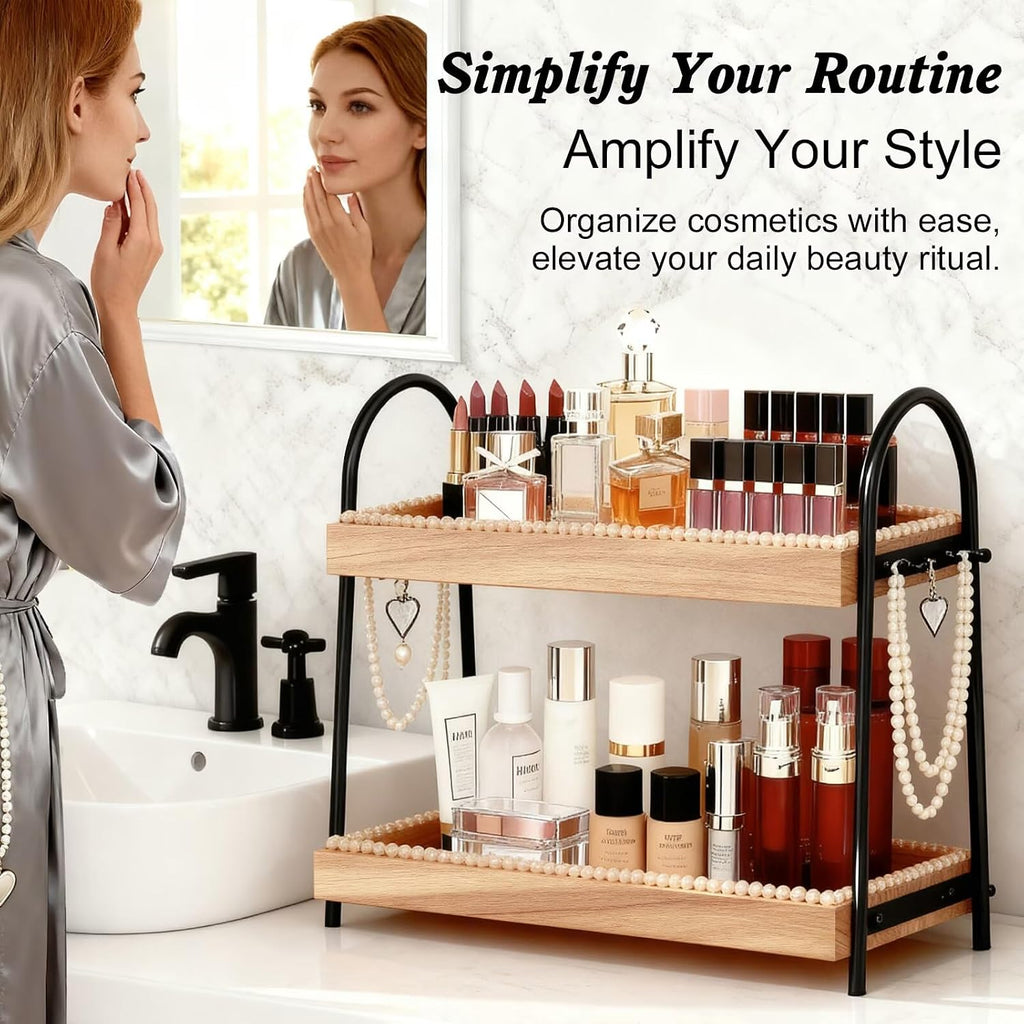 Bathroom Vanity Organizer Countertop 2-Tier Waterproof 20+ Bottles 8 Hooks