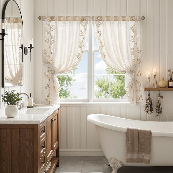 jinchan Belrose Linen Floral Cafe Curtains 45 Inch Length Embroidered Farmhouse - Image 9
