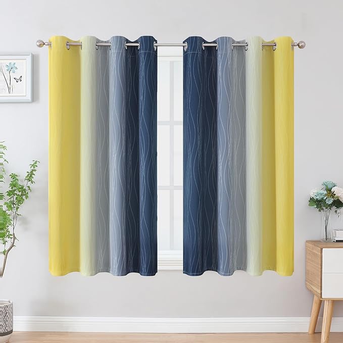 Estelar Textiler Navy Blue and Yellow Blackout Curtains 54 Inch Length - Image 2