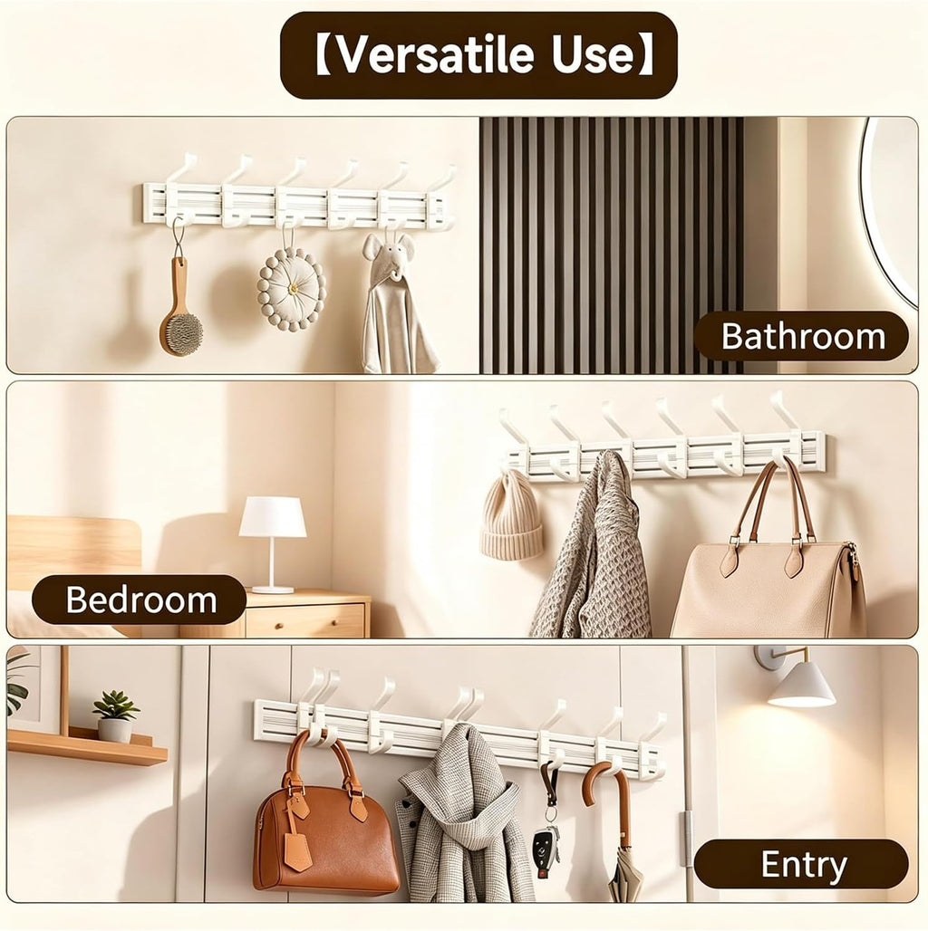 Wall Mounted Coat Hook Rack, 6 Adjustable Sliding Hooks Premium Aluminum Wall Hanger, 2 Mounting Options Self Adhesive & Drilling for Bathroom Bedroom Entryway (Off-White)