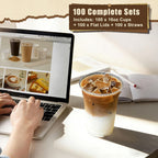 Zcaukya 100 Pack 16oz Plastic Cups with Lids and Straws, Disposable Clear Cups for Iced Coffee, Soda, Smoothies, Fruit Juices, Iced Tea and Coffee Bar Accessories