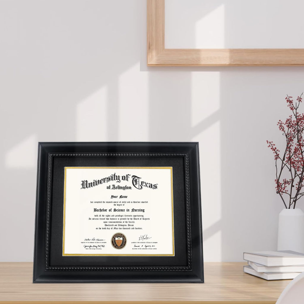GMFrames 8.5x11 Diploma Degree Frame with Mat or Display 11x14 Certificates without Mat,Solid Wood,Black Finish with Intricate Black Rope Detail,UV Protection Acrylic