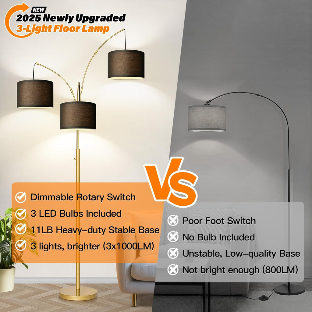 Dimmable Floor Lamp - 3 Lights Gold Arc Floor Lamps for Living Room, 1000LM Modern Tall Standing Lamp With Black Shades&Heavy Base, Mid Century Tree Floor Lamp for Bedroom Office, 3 LED Bulbs Included