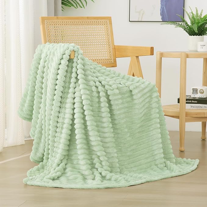 Cream Green Fleece Throw Blanket 50”×60” by linecooo