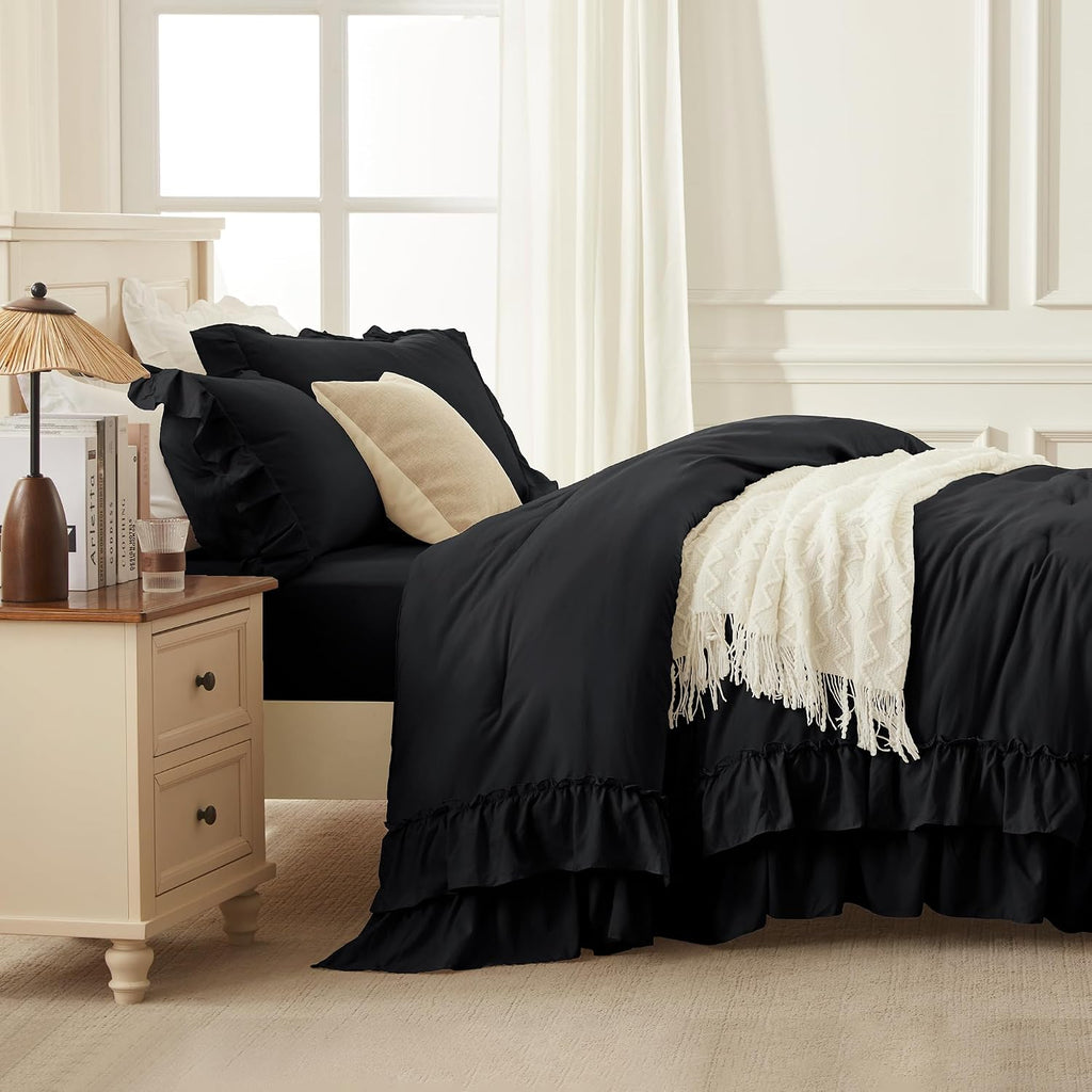 Andency Black Ruffle Comforter Set Queen Size, 3 Pieces