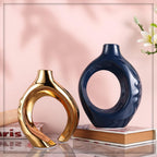 Navy Blue Home Decor Ceramic Vase, Navy Blue Gold Vase with Holes Set of 2