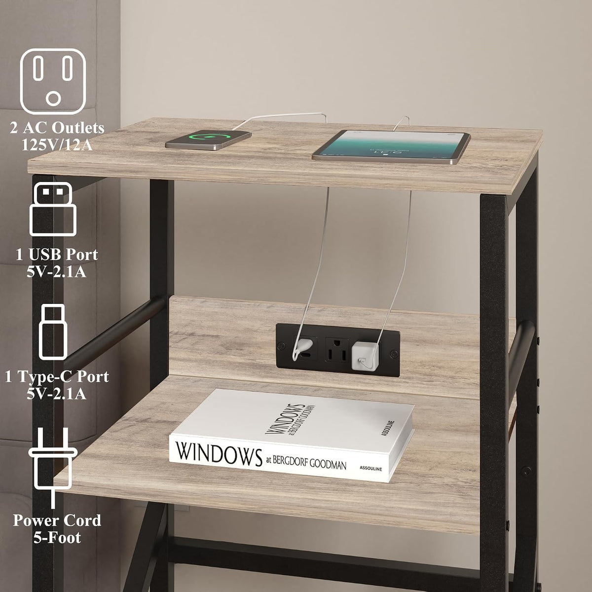 DALEMHOME Record Player Stand with Charging Station, 3-Tier Side Table for 100 Vinyl Storage, End Table for Living Room, Bedroom, Greige HKET1001GY