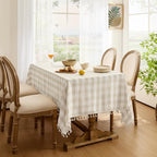 Softalker Gingham Rectangle Tablecloth with Tassel, Beige Cream, 55" x 84"