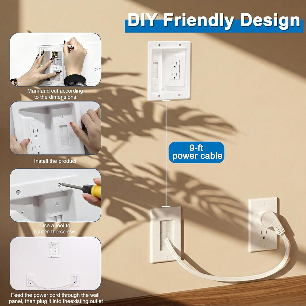 Nearza in Wall Cable Management Kit with Recessed Outlet 9FT Power Cord Fits All Plugs 2 AC Outlets Slim Brush Plate Solution to Hide TV Wires Recessed Outlet Box for wall Mount TV