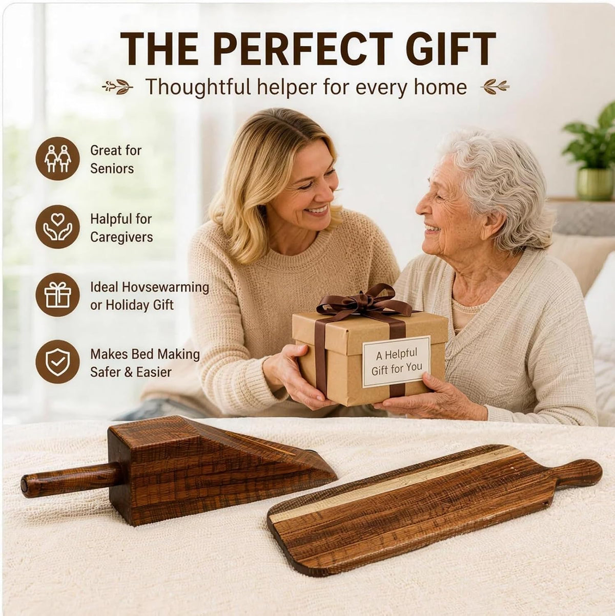 Acacia Wood Mattress Lifter Tool for Changing Sheets, Ergonomic Bed Making Helper for Seniors, Sheet Tucker for Linens