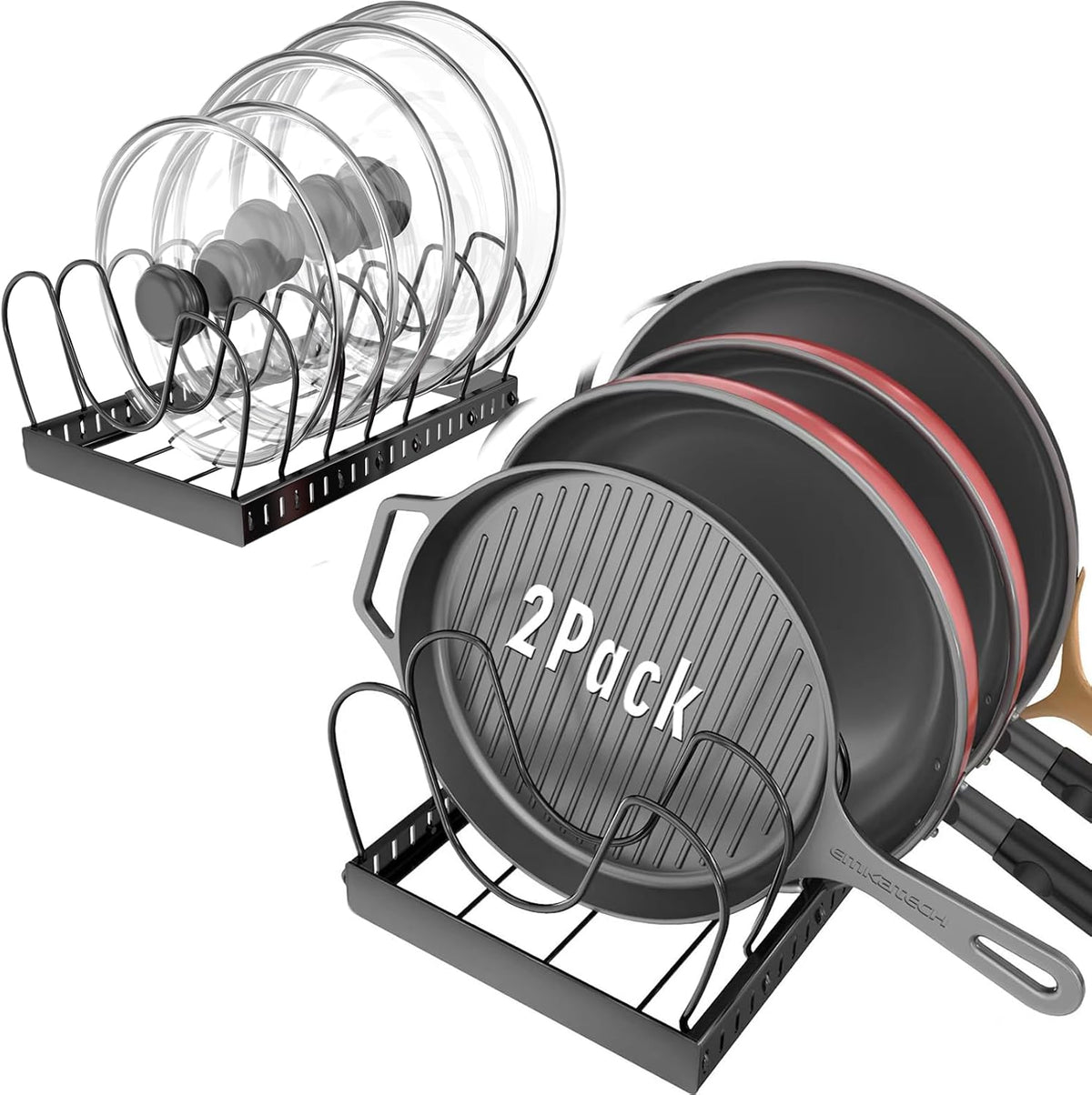 2PACK Pot Lid Organizers Inside Cabinet for Kitchen, Pots and Pans Organizer Under Cabinet with 16 Adjustable Dividers, Countertop Lid Holder, Rust-Resistant, Tool-Free Installation, Easy to Clean