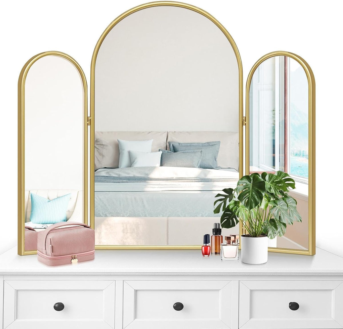Tri-Fold Vanity Mirror 3 Way, 37"x30" Gold Vintage Mirror with Metal Frame