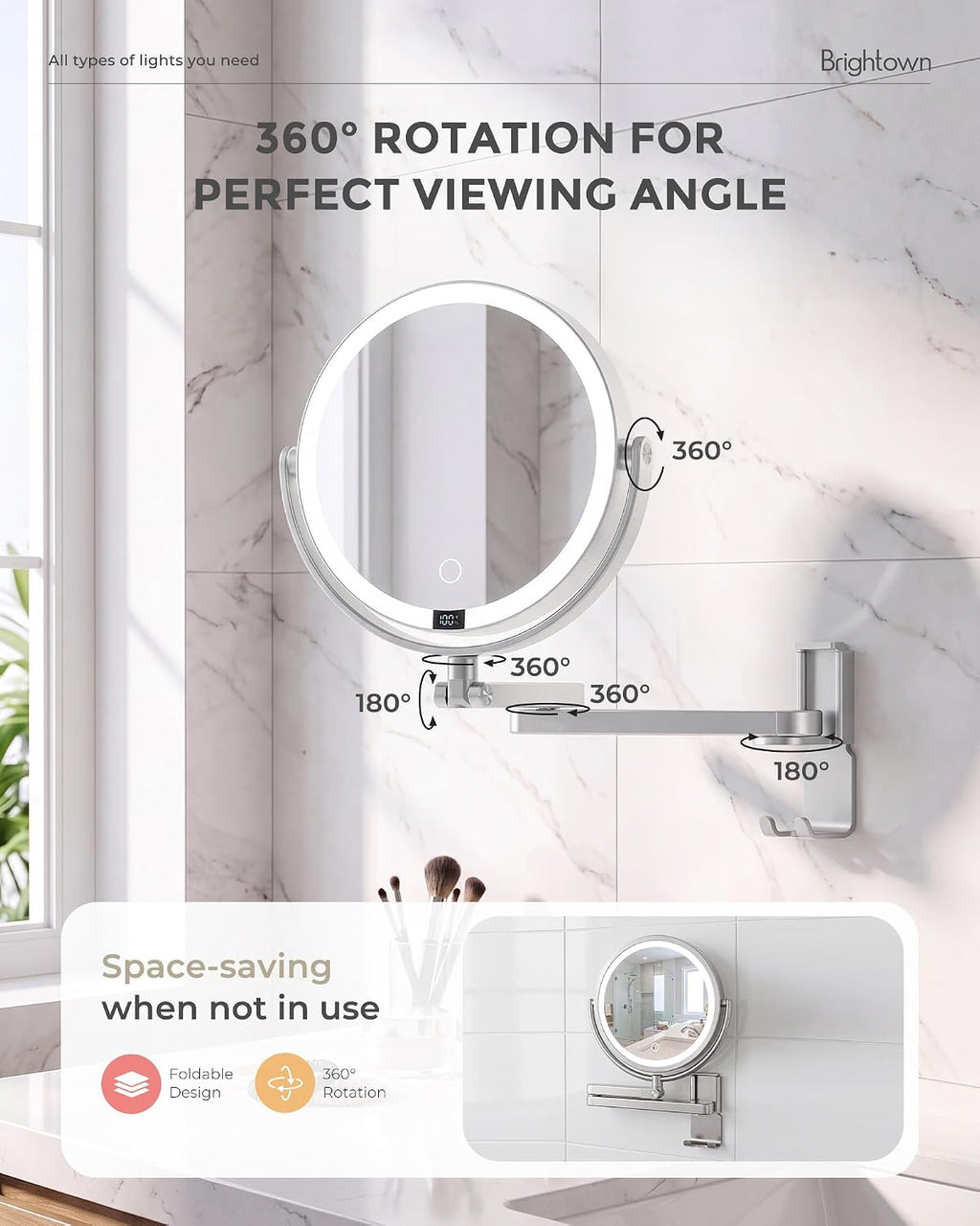 Brightown-Wall-Mounted-Lighted-Makeup-Mirror-Magnifying 1X/10X 8" with LED