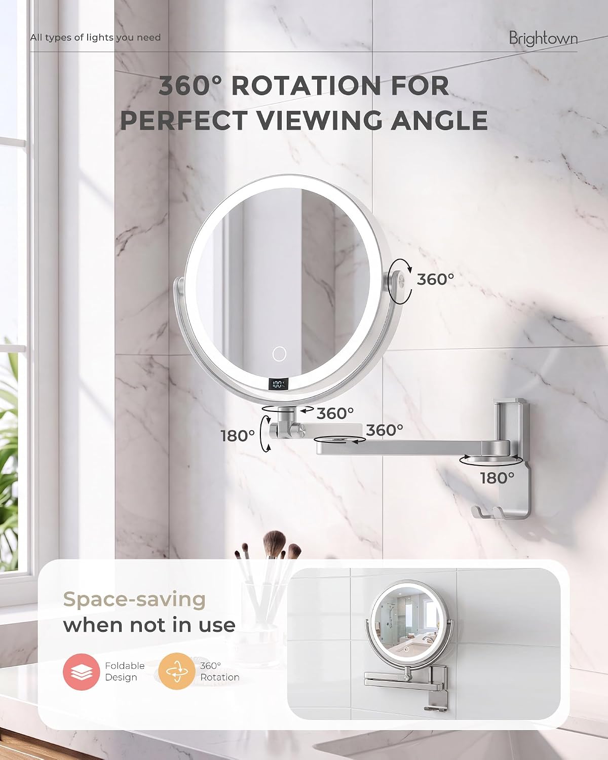 Brightown-Wall-Mounted-Lighted-Makeup-Mirror-Magnifying 1X/10X 8" with LED