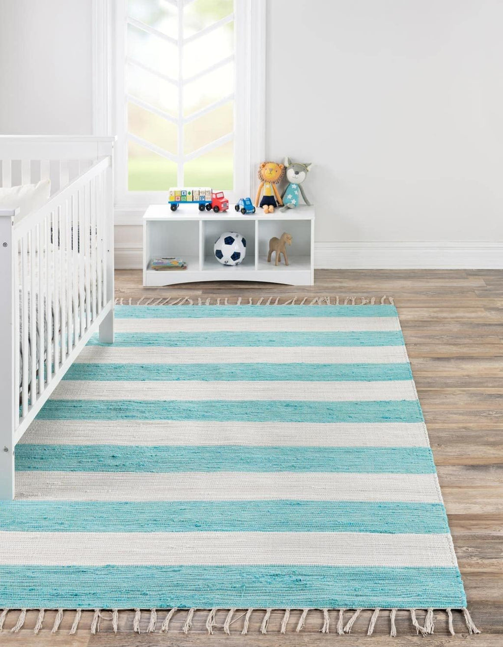 Unique Loom Chindi Rag Collection Area Rug - Striped (4' 1" x 6' 1" Rectangle, Turquoise and Ivory)