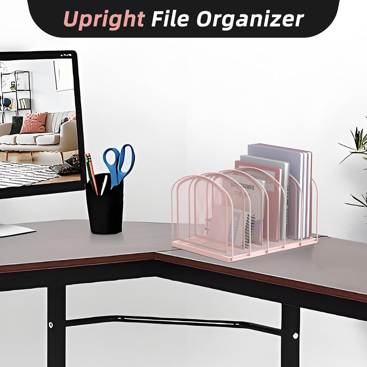 5-Section File Organizer for Desk, Metal File Folder Holder, Pink