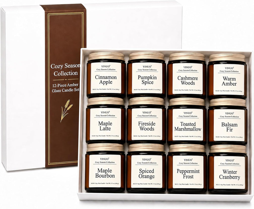 YINUO LIGHT 12 Scented Candles Gift Set, Soy Wax, Amber Glass, 3.5 oz
