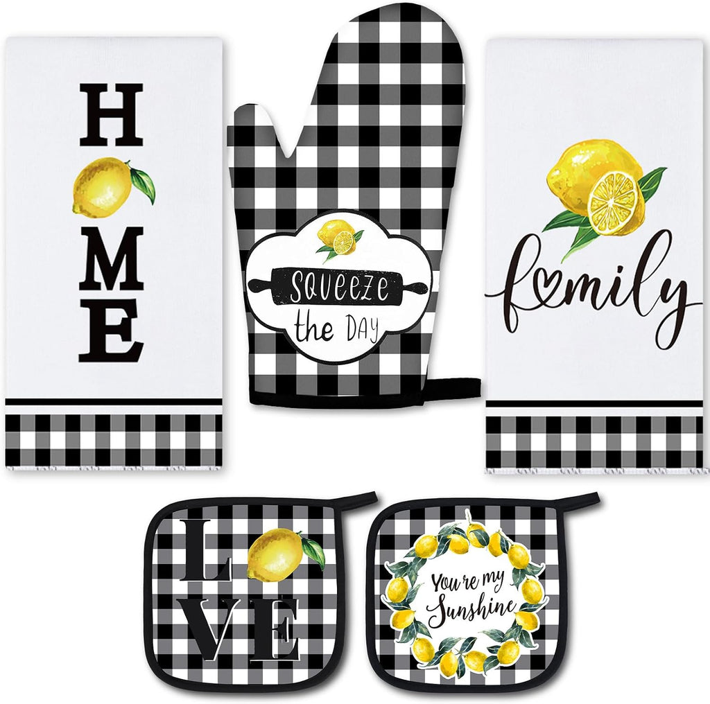 5 Pcs Buffalo Plaid Kitchen Towels Oven Mitts and Pot Holder Set,Lemon