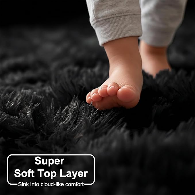 Black Round Rugs 5Ft for Bedroom Aesthetic, Fluffy Plush Circle Area Rugs for - Image 2