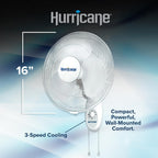 Hurricane Supreme Oscillating Wall Fan, 3 Speeds, White - 16in
