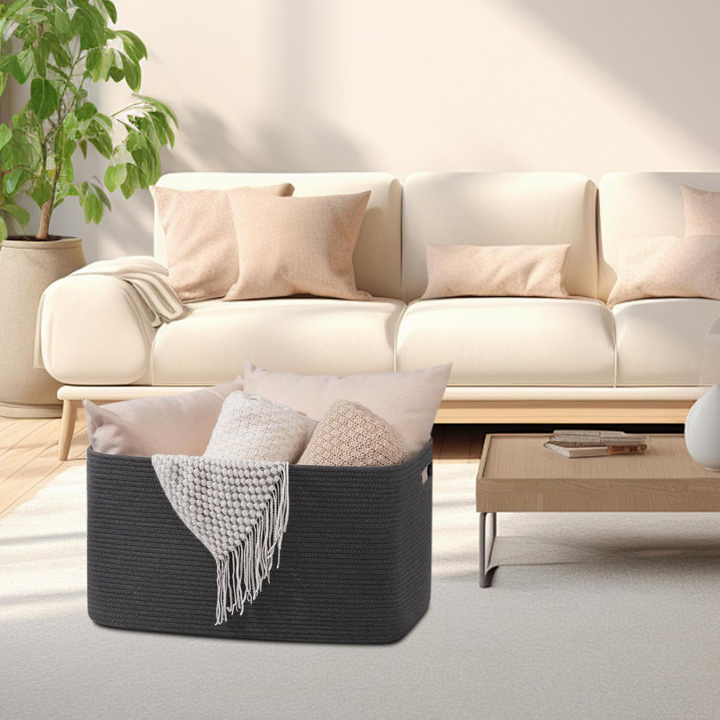 OIAHOMY 75L Large Blanket Basket Woven Rope Storage Basket Dark Grey