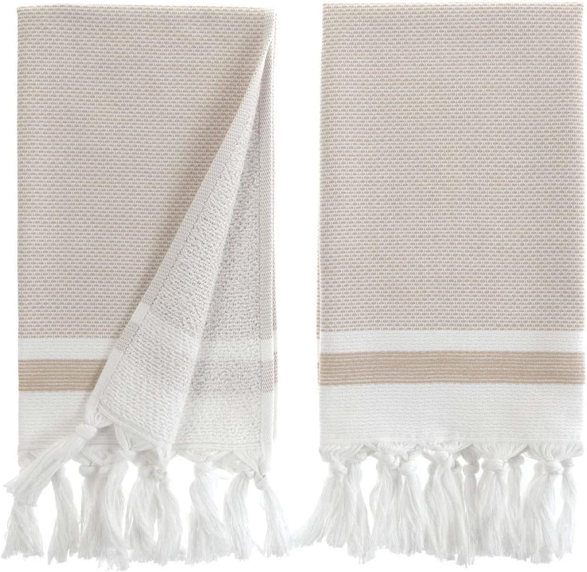 Turkish Hand Towels for Bathroom, Kitchen Towels Decorative Set of 2, Luxury Turkish Cotton Dish Tea Towels 14 x 30 Inches for Modern, Boho, and Farmhouse Decor (Beige Waves)