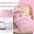 Feelyou Pink Bow Comforter Set with Sheets 7 Piece Full Size Dreamy Princess Bow Bedding Set for Kids Boys Girls Personalized Letter A Bed in a Bag Room Decor Soft Microfiber