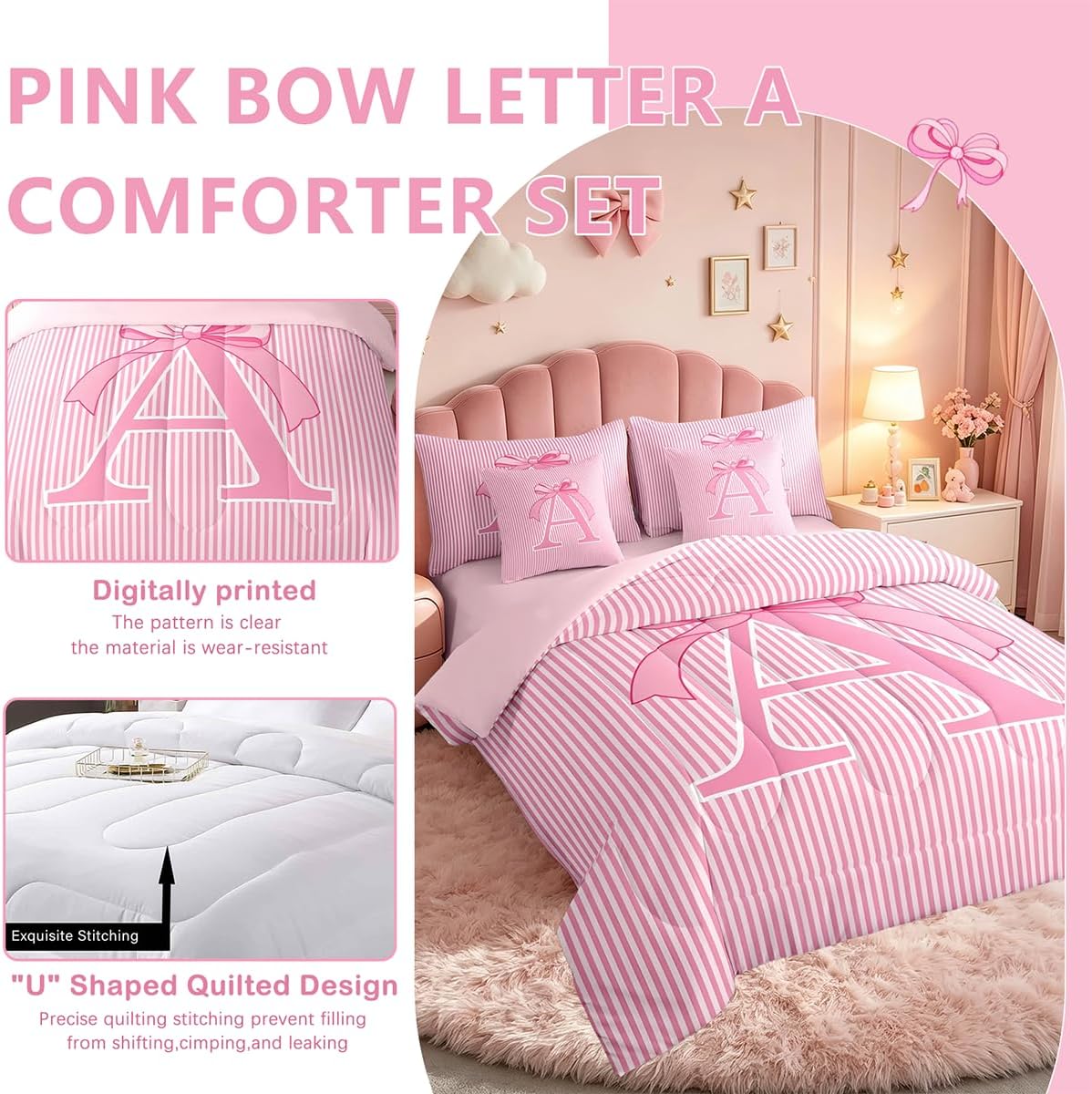 Feelyou Pink Bow Comforter Set with Sheets 7 Piece Full Size Dreamy Princess Bow Bedding Set for Kids Boys Girls Personalized Letter A Bed in a Bag Room Decor Soft Microfiber