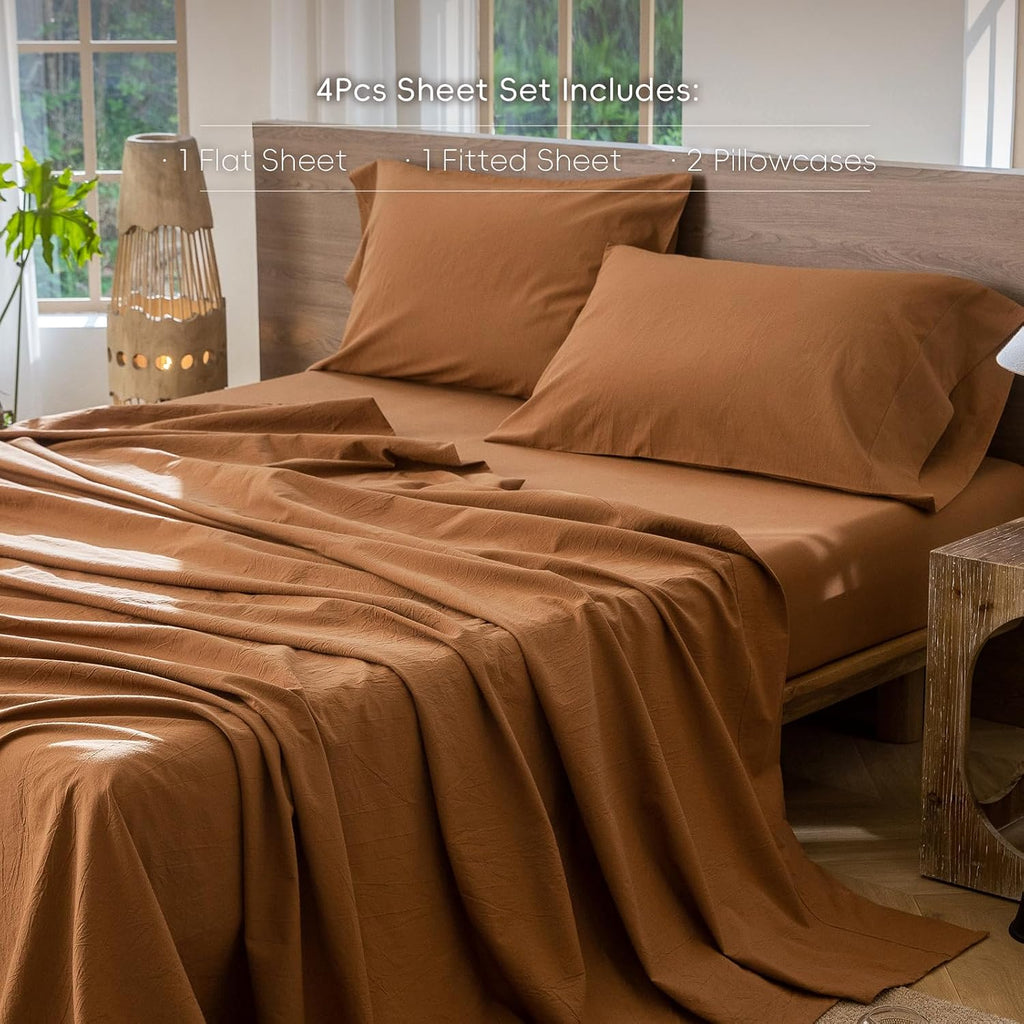 MooMee Sheet Set 100% Washed Cotton Linen-Like Extra Deep Pocket Queen