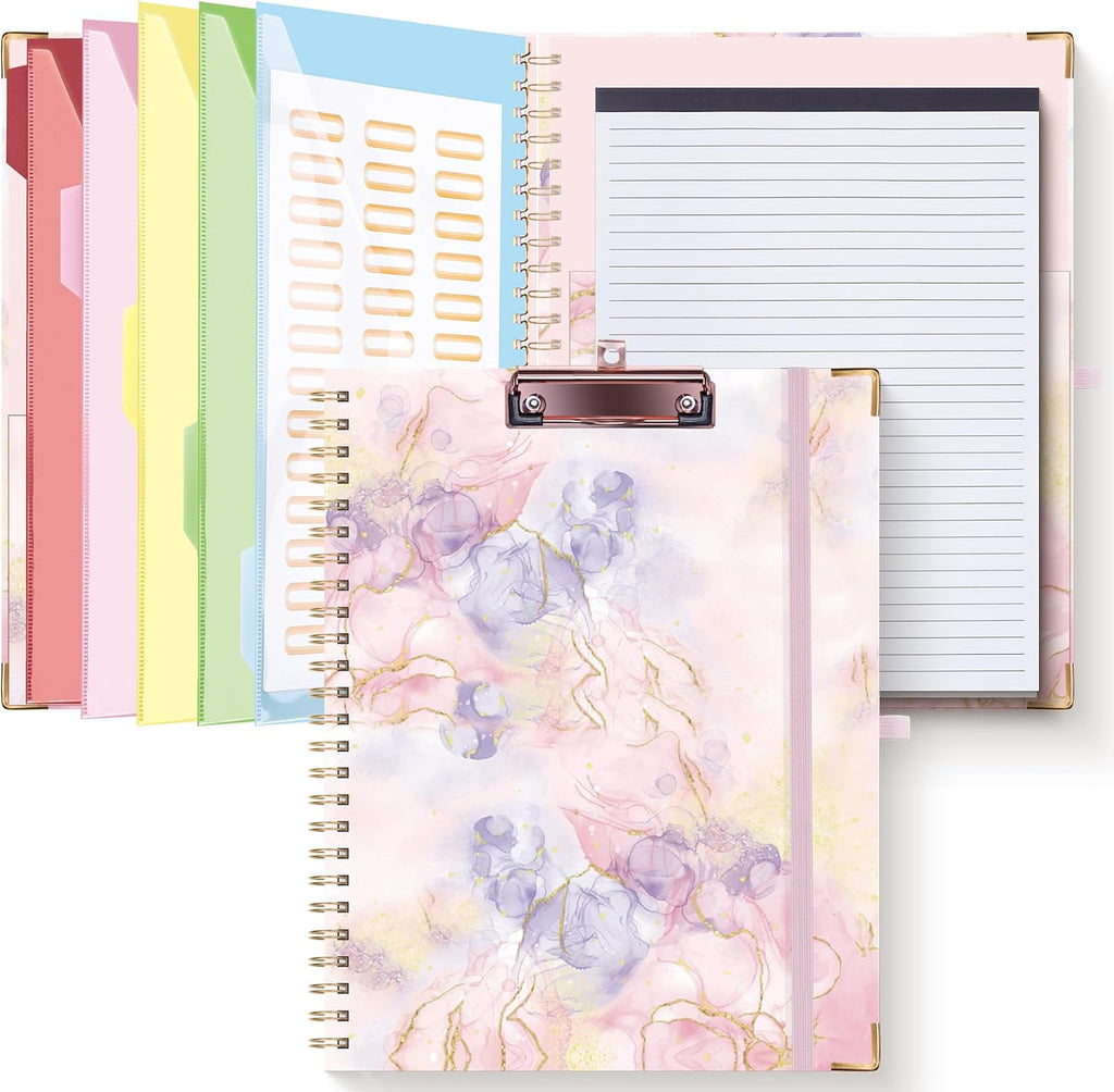 HAUTOCO Clipboard Folio with Refillable Notepad for Letter Size (11" x 8.5"), 5 Dividers with 10 Pockets, Elastic Pen Holder and File Folder Labels, Spiral Nurse Clipboard Artboard(Pink Marble)