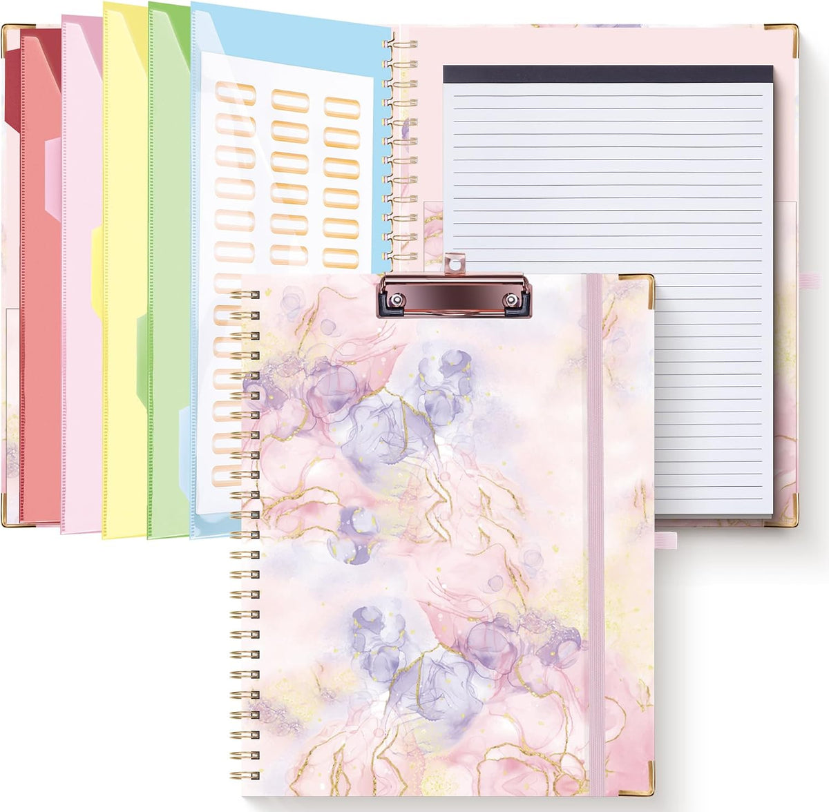 HAUTOCO Clipboard Folio with Refillable Notepad for Letter Size (11" x 8.5"), 5 Dividers with 10 Pockets, Elastic Pen Holder and File Folder Labels, Spiral Nurse Clipboard Artboard(Pink Marble)