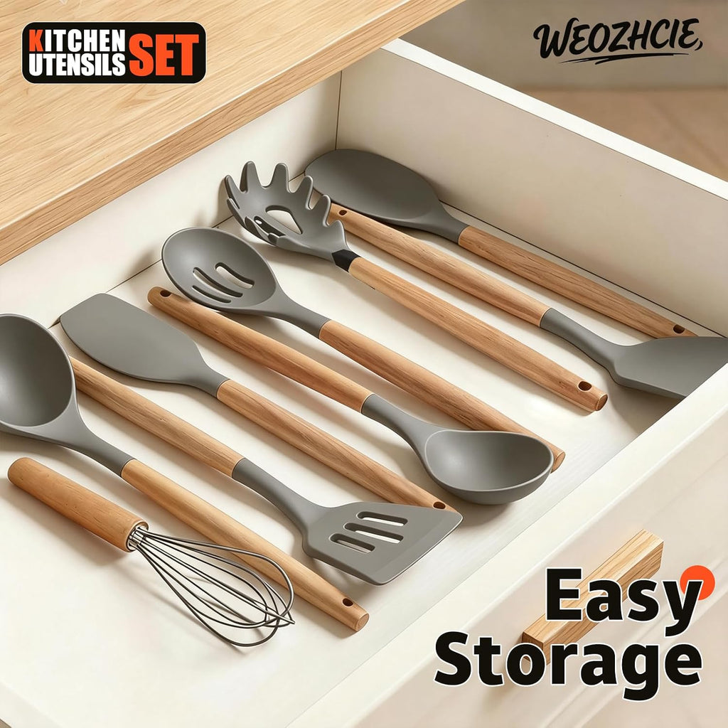Silicone Cooking Utensil Set,10 PCS Cooking Kitchen Utensils Set, Nonstick Kitchen Utensils 446°F Heat-Resistant Cookware Tools of Spoon,Brush,Whisk,Spatula,Turner Tongs (Khaki)