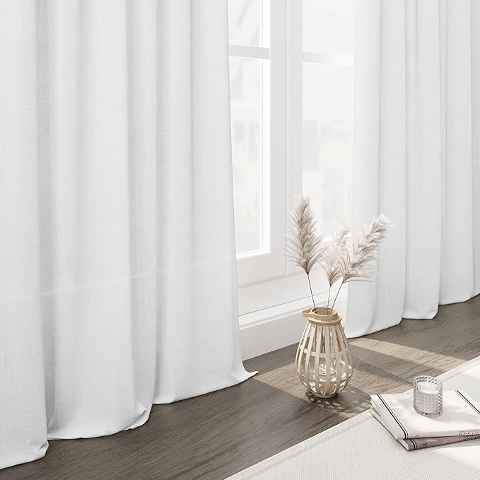 White Linen Curtains 108 Inches Long 2 Panels Set Back Tab Rod Pocket Semi - Image 2