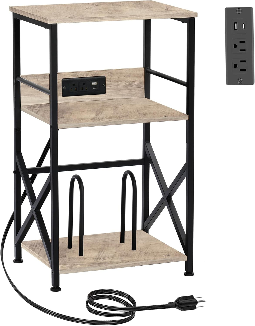 DALEMHOME Record Player Stand with Charging Station, 3-Tier Side Table for 100 Vinyl Storage, End Table for Living Room, Bedroom, Greige HKET1001GY