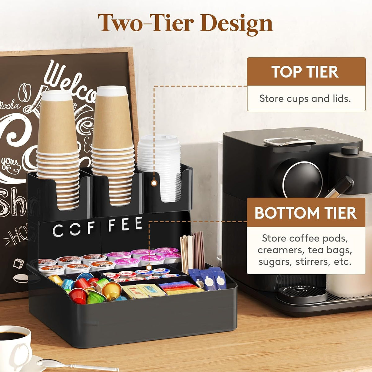 Lifewit 2-tier Coffee Station Organizer, 10 Compartments, Black, Plastic