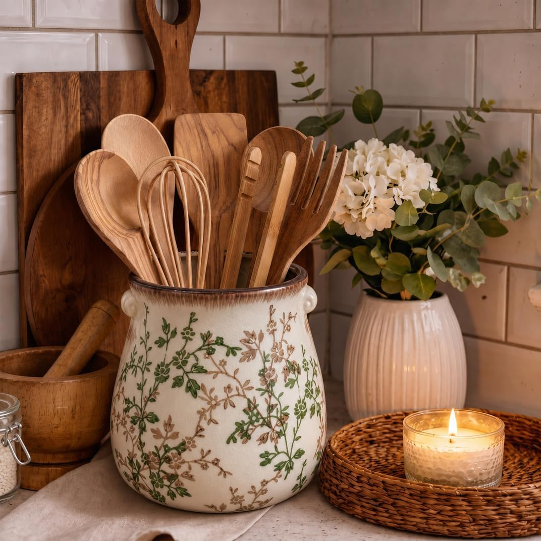 Large Vintage Floral Ceramic Utensil Holder for Kitchen Counter