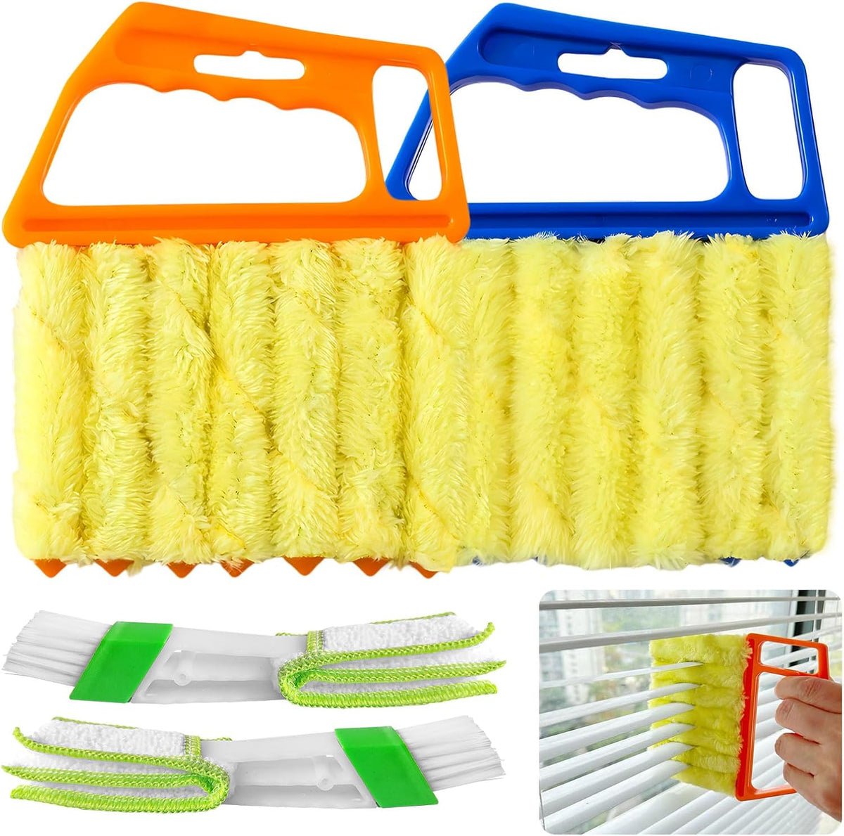 4 Pack Window Blind Cleaner Duster Tool, 7 Finger Venetian Scrub Brush with Washable Microfiber Sleeves, Color Coded Cleaning Kit for Mini Vertical Blinds, Air Conditioner Vents and Fans